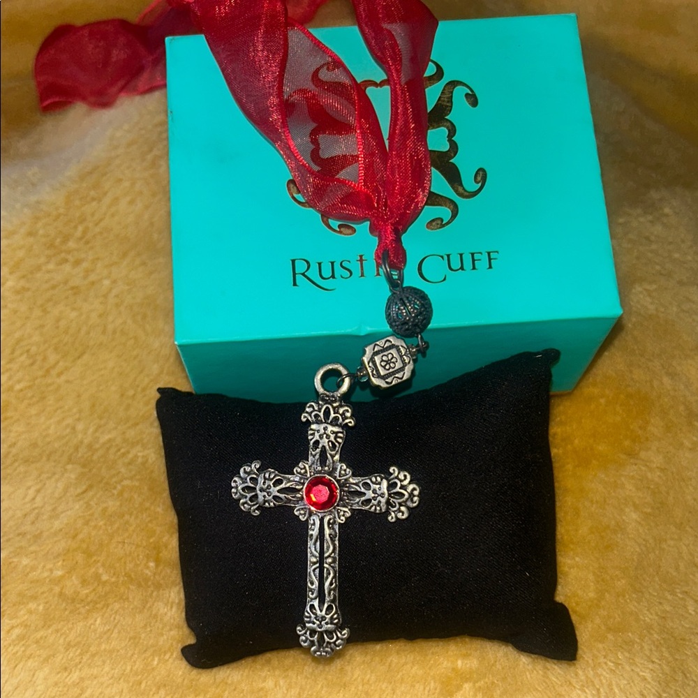 Rustic Cuff Red Ribbon Cross Necklace - Picture 3 of 5